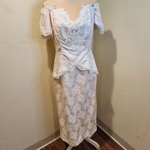 Vintage Jessica McClintock Off-shoulder  White Lace Brocade Fabric Dress Sz 14